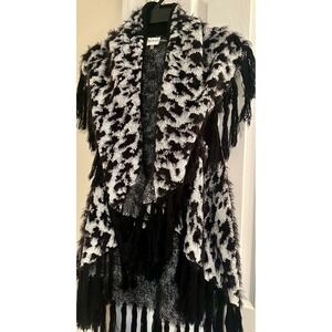 Sioni Studio Black‎ White Fringe Open Front Cardigan Vest S/M Sweater
